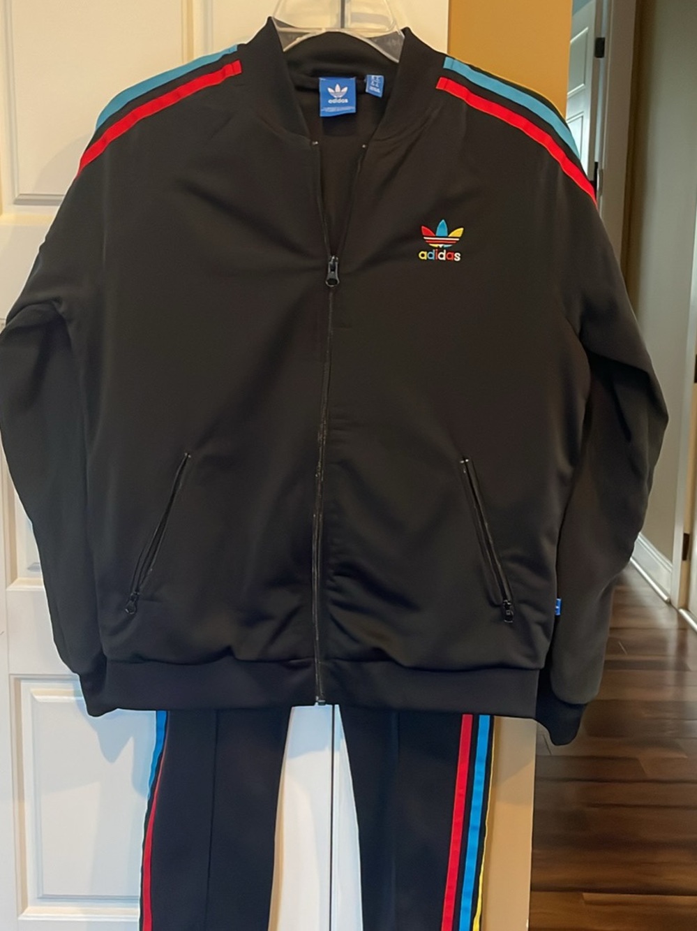 Adidas Black Track Jacket and Track Pants with Red and Blue Stripes